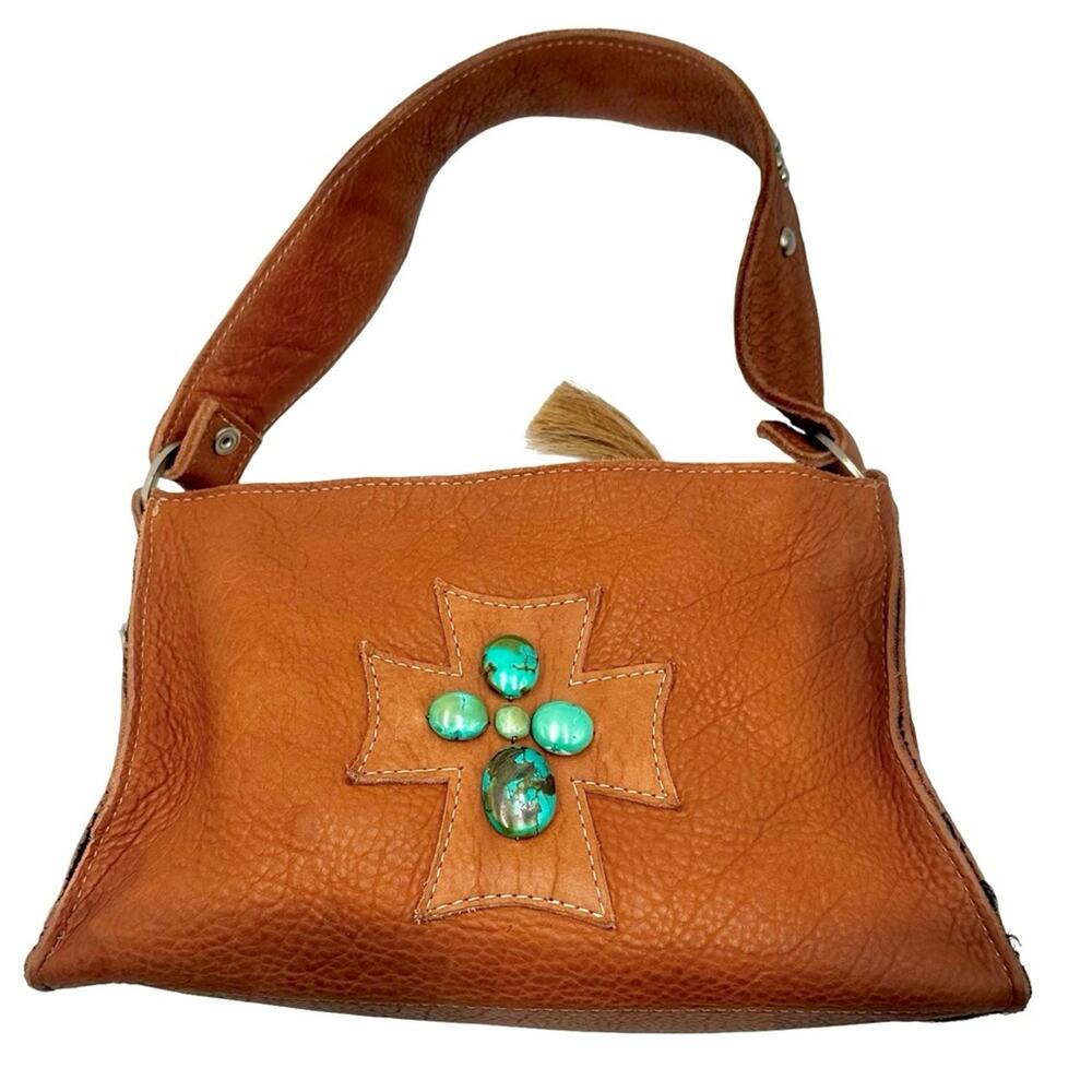 Eternal Perspective Cross Shoulder Bag Caramel Bison Leather Turquoise Beads
